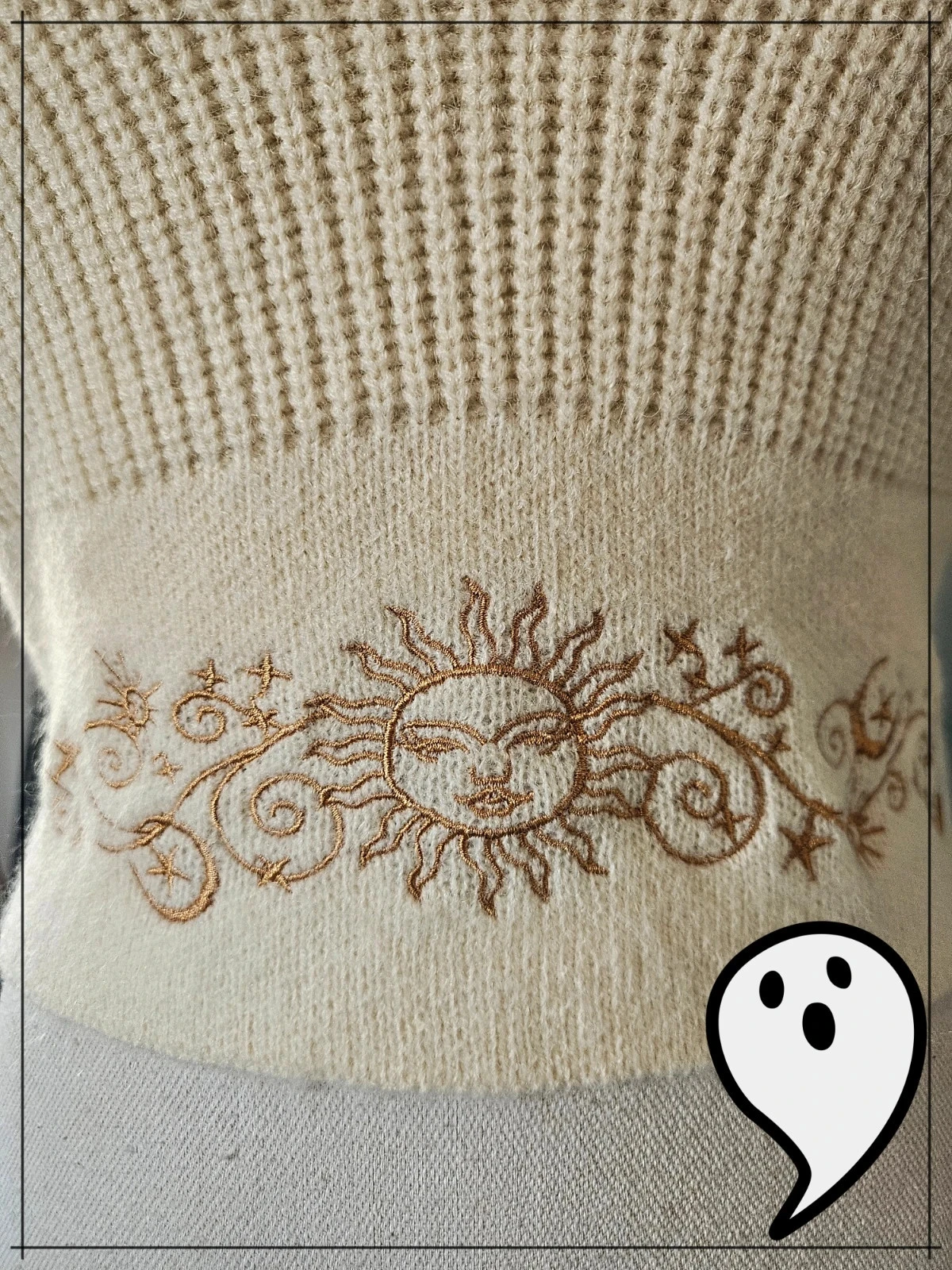 Bohemian ecru knit Y2K off-shoulder top - Size S sun embroidery – photo 3